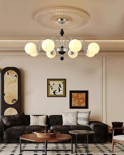 Margaux Chandelier, Opal Glass Shades with Wood and Metal Frame
