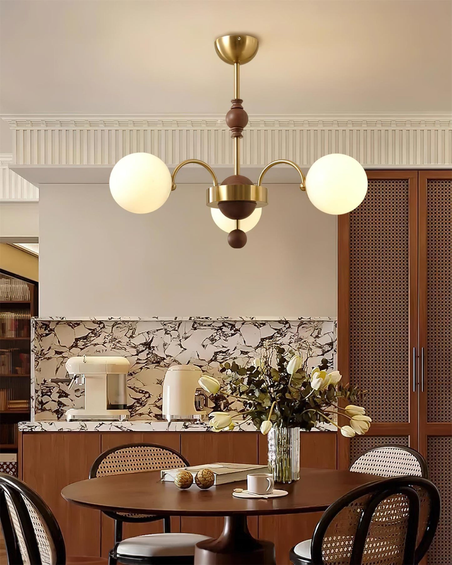 Margaux Chandelier, Opal Glass Shades with Wood and Metal Frame