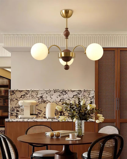Margaux Chandelier, Opal Glass Shades with Wood and Metal Frame
