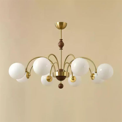 Margaux Chandelier, Opal Glass Shades with Wood and Metal Frame
