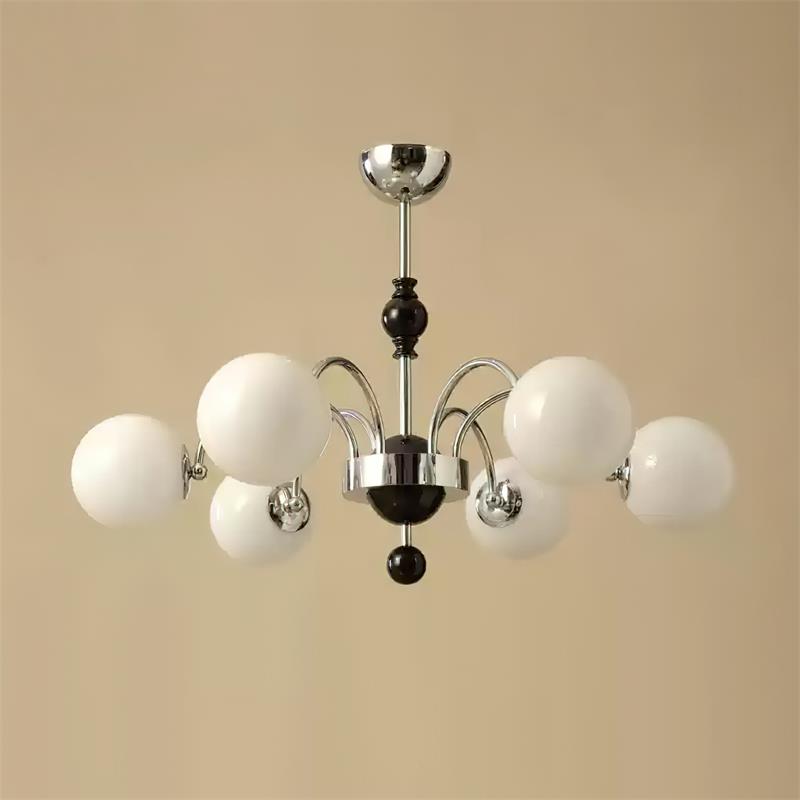 Margaux Chandelier, Opal Glass Shades with Wood and Metal Frame