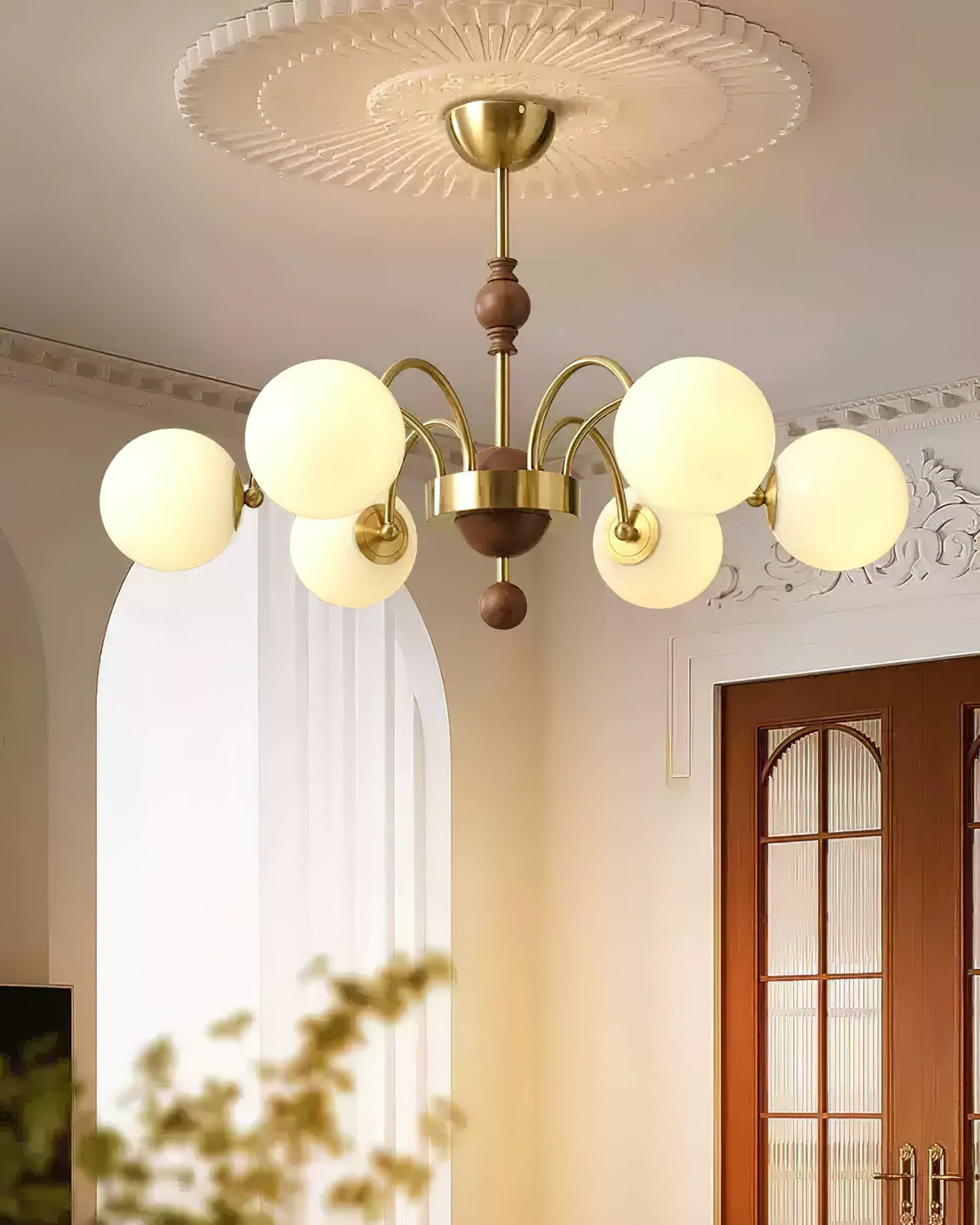 Margaux Chandelier, Opal Glass Shades with Wood and Metal Frame