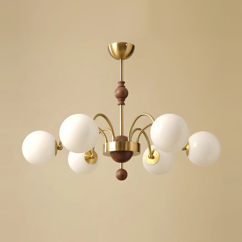 Margaux Chandelier, Opal Glass Shades with Wood and Metal Frame