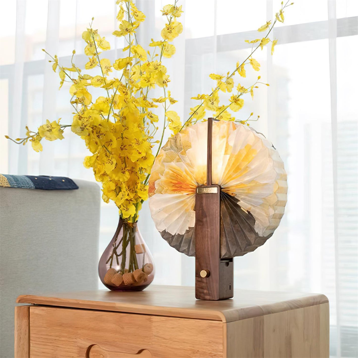 Lampe de table pliable Sophie en papier LED avec base en bois