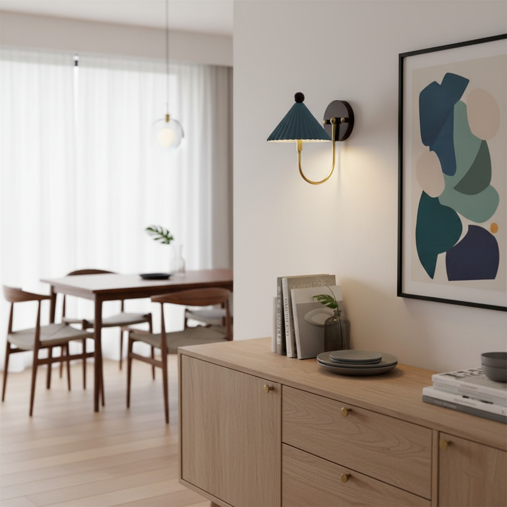 Elodie Ceramics Wall Lamp with Pleated Shade and Wood Accent