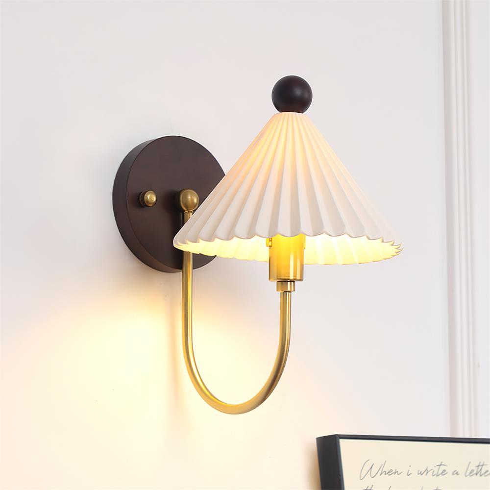 Elodie Ceramics Wall Lamp with Pleated Shade and Wood Accent