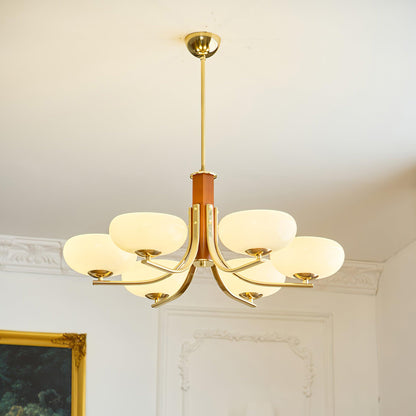 Juliette Classic Chandelier, Glass Shades with Oak and Metal Frame