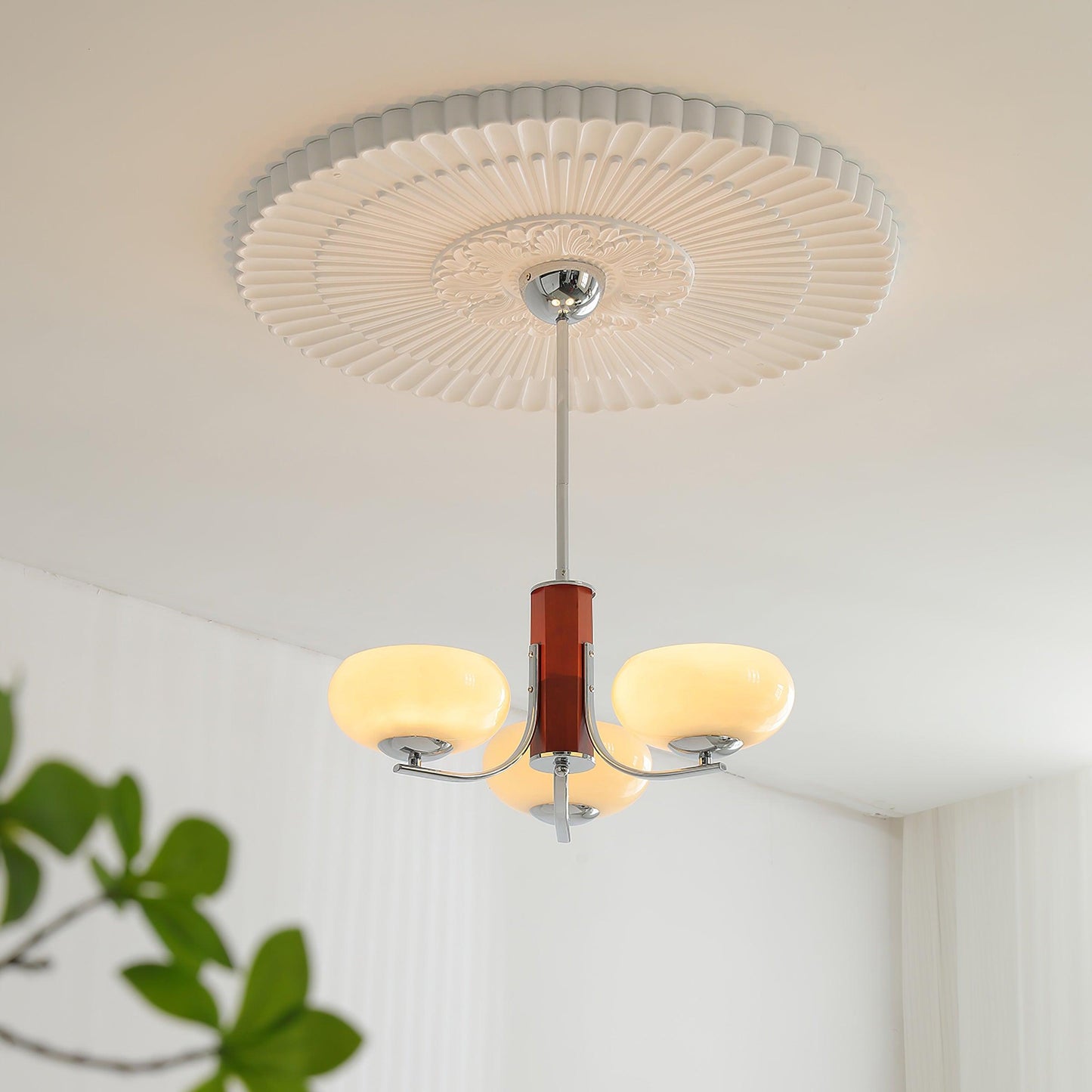 Juliette Classic Chandelier, Glass Shades with Oak and Metal Frame