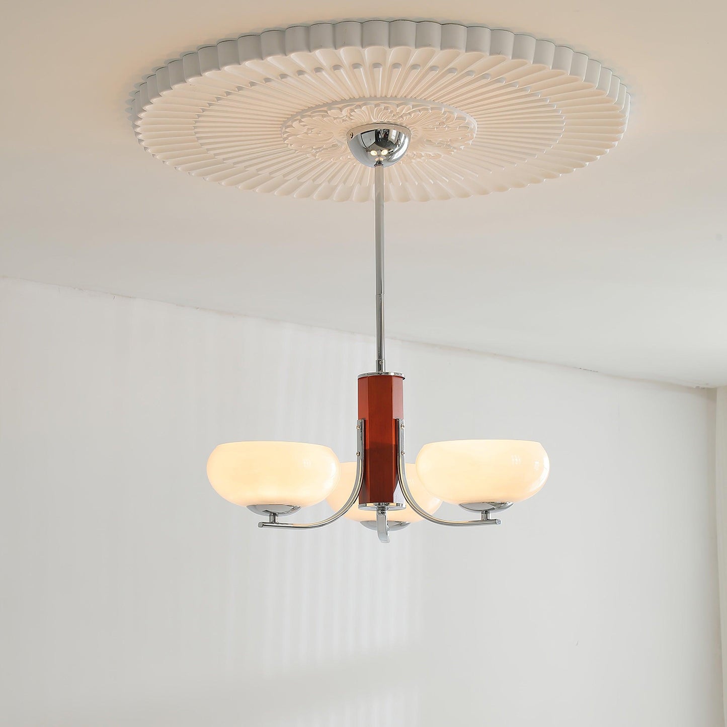 Juliette Classic Chandelier, Glass Shades with Oak and Metal Frame