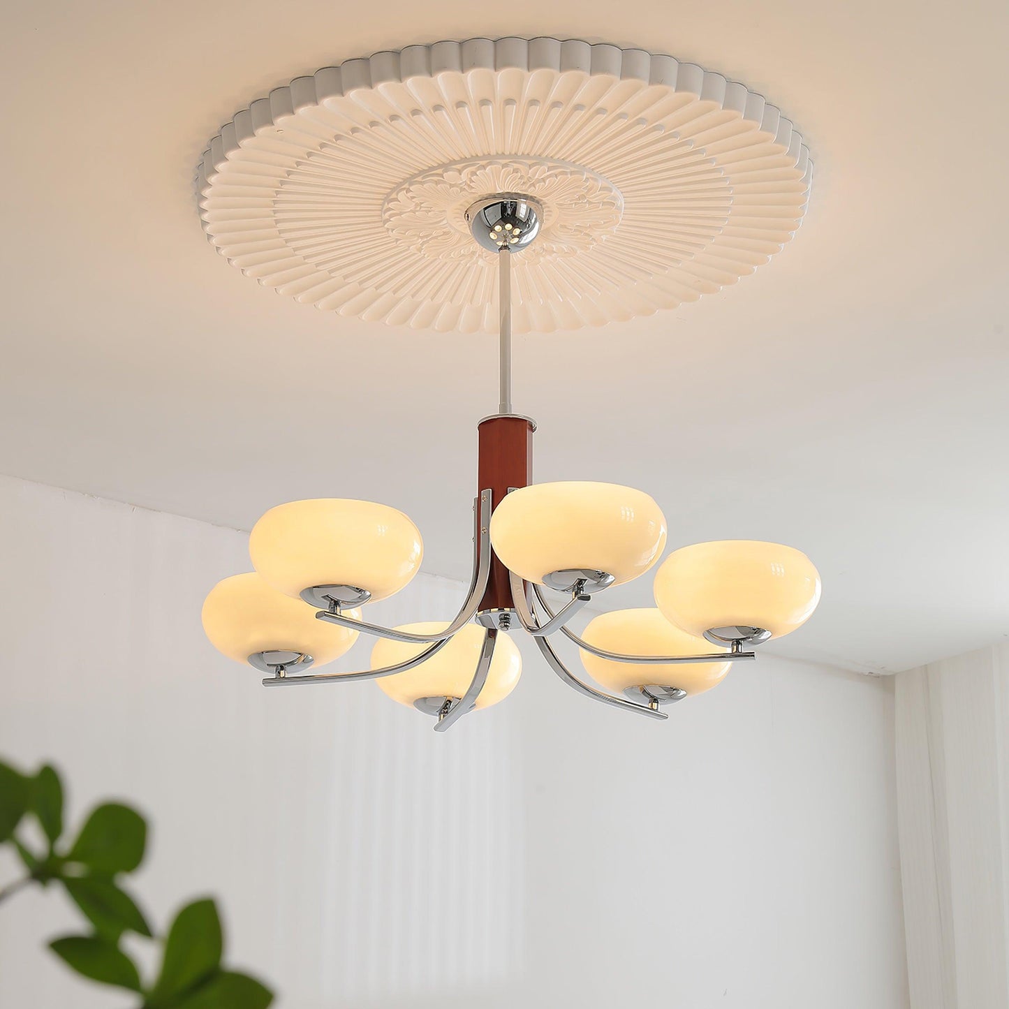 Juliette Classic Chandelier, Glass Shades with Oak and Metal Frame