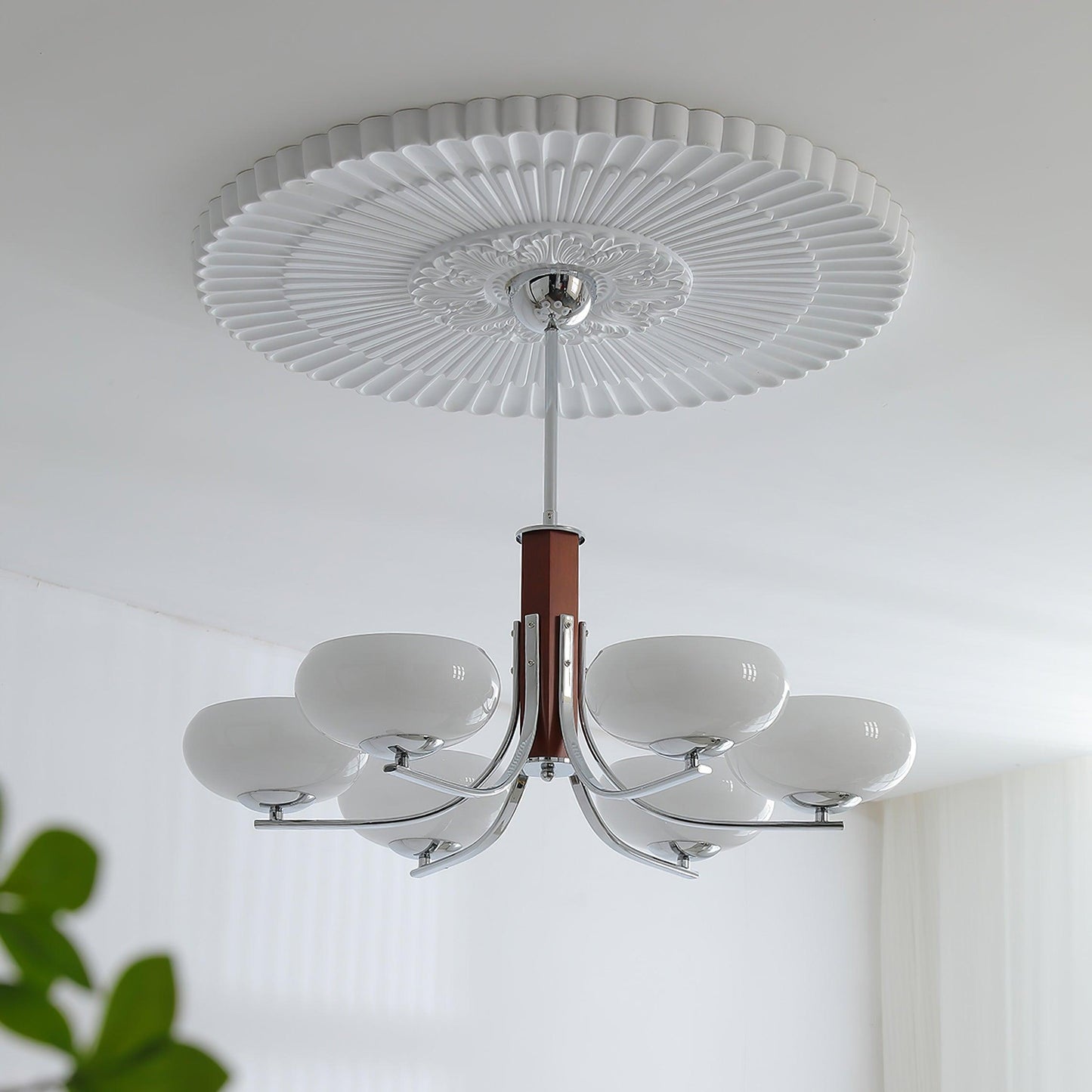 Juliette Classic Chandelier, Glass Shades with Oak and Metal Frame