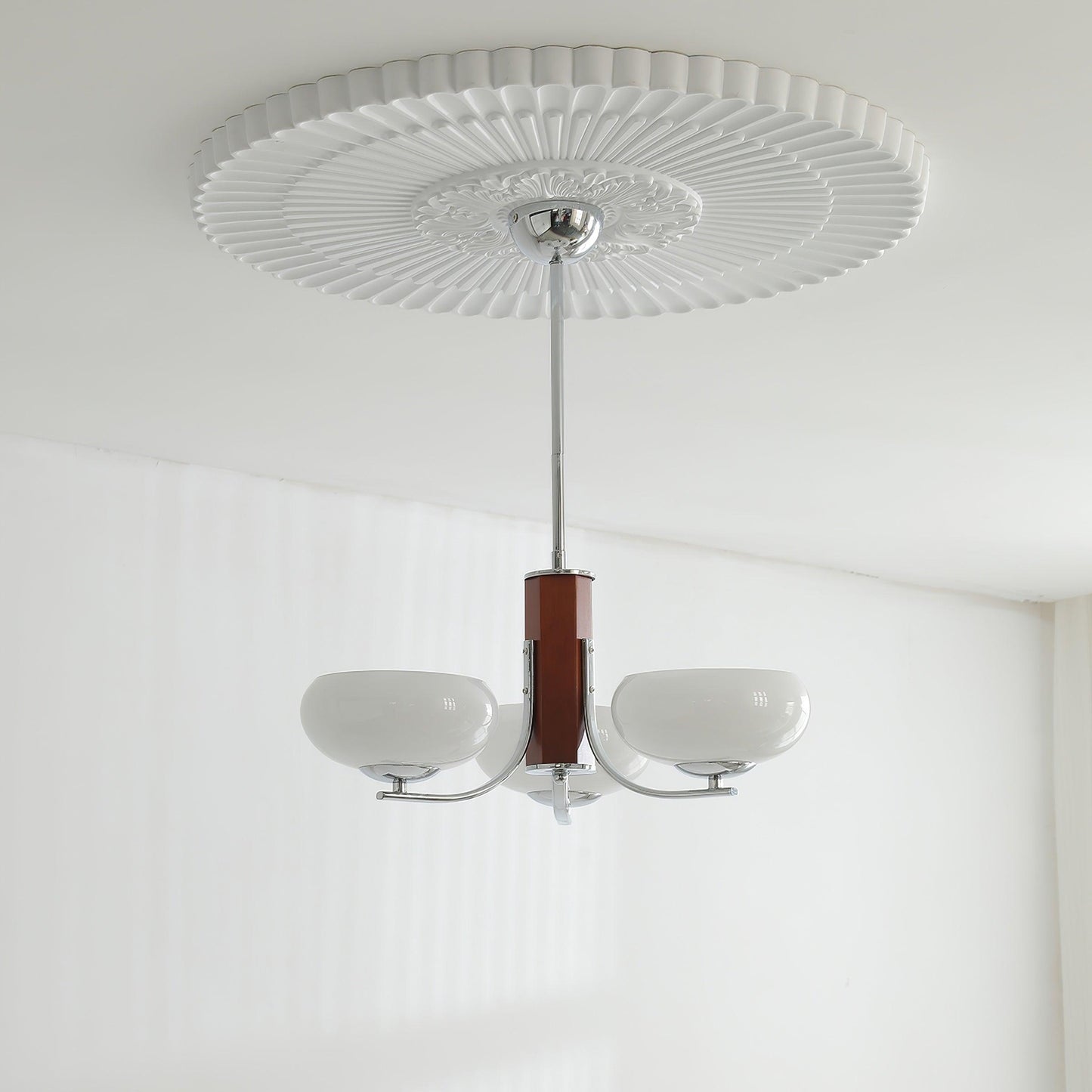 Juliette Classic Chandelier, Glass Shades with Oak and Metal Frame