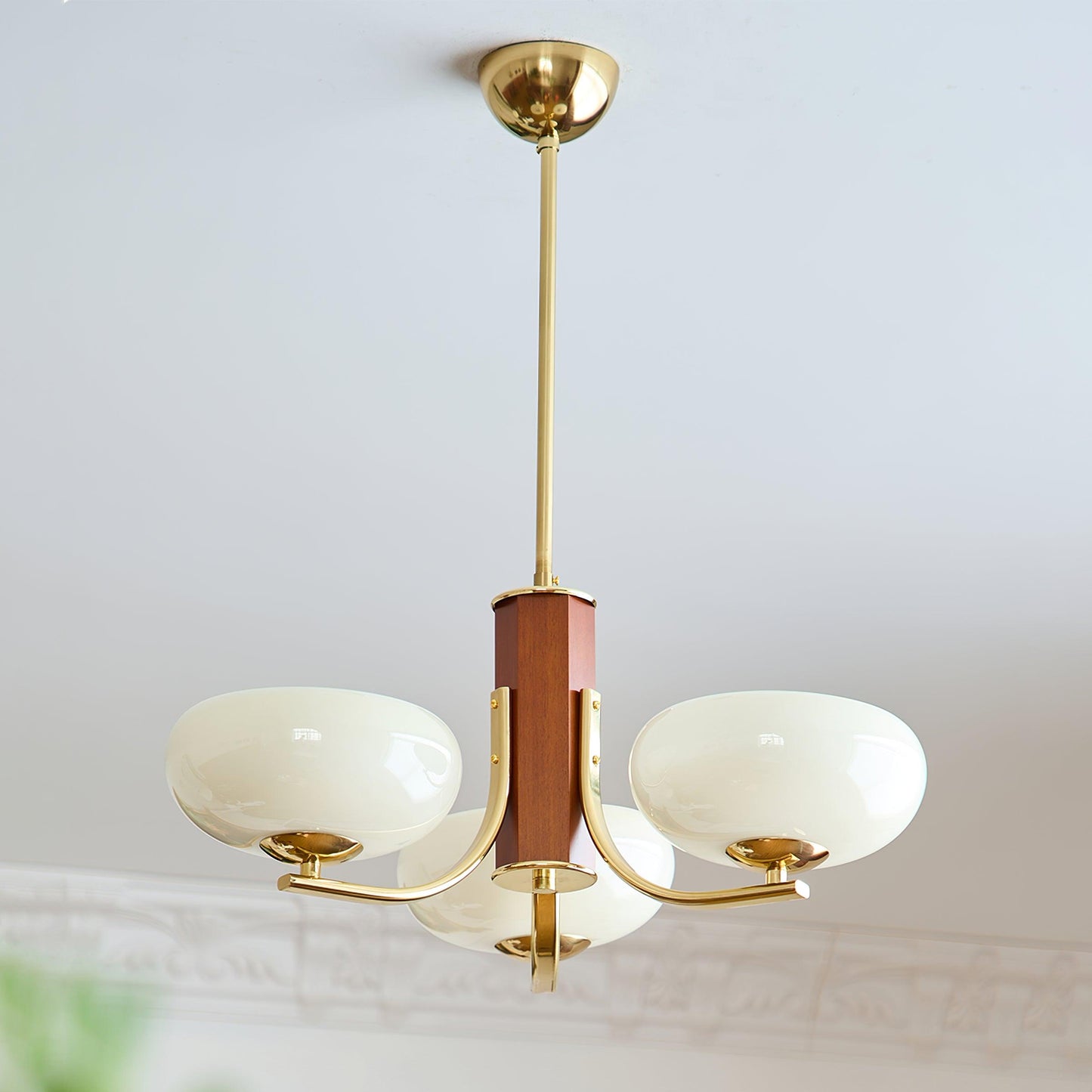 Juliette Classic Chandelier, Glass Shades with Oak and Metal Frame