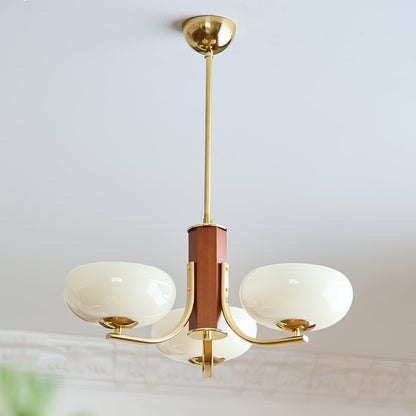 Juliette Classic Chandelier, Glass Shades with Oak and Metal Frame