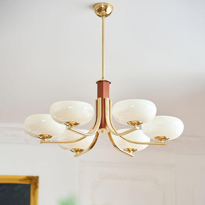 Juliette Classic Chandelier, Glass Shades with Oak and Metal Frame