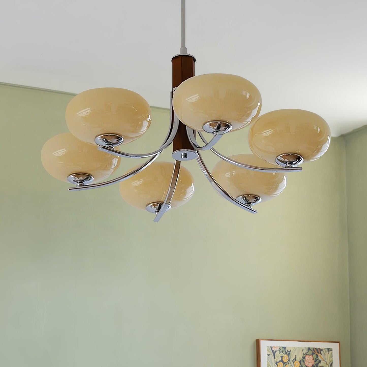 Juliette Classic Chandelier, Glass Shades with Oak and Metal Frame