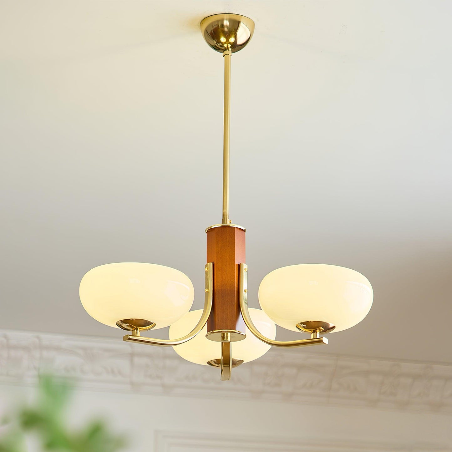 Juliette Classic Chandelier, Glass Shades with Oak and Metal Frame