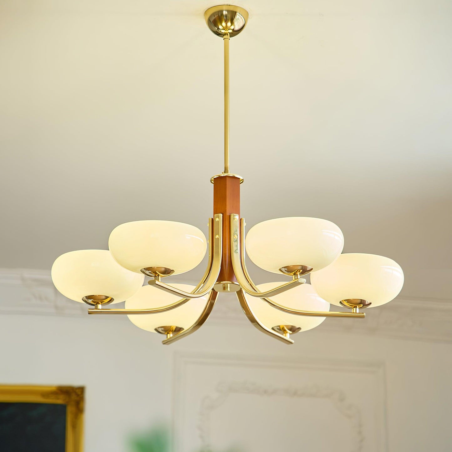 Juliette Classic Chandelier, Glass Shades with Oak and Metal Frame