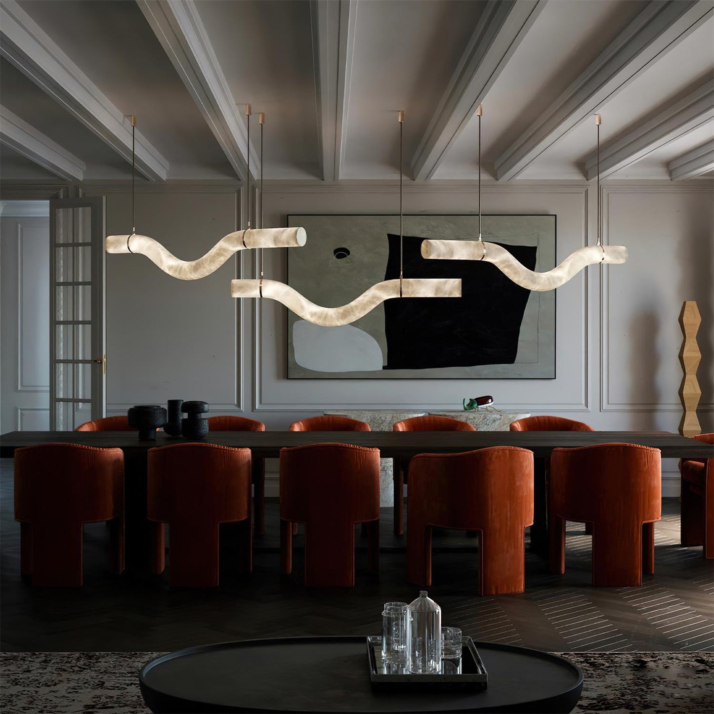 Isabelle Alabaster Chandelier, Sculptural Curved Design with Integrated LEDs