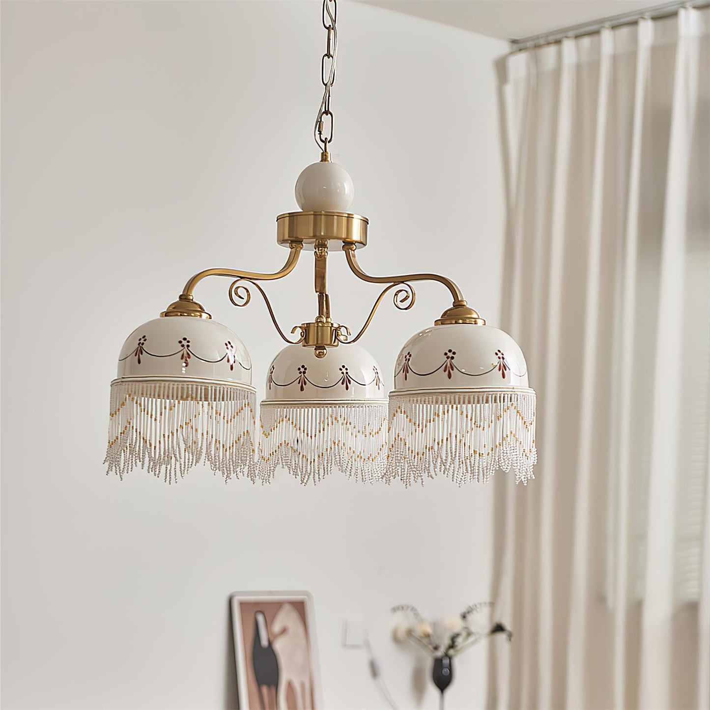Colette Vintage Chandelier, Beaded Glass Shades with Metal Frame