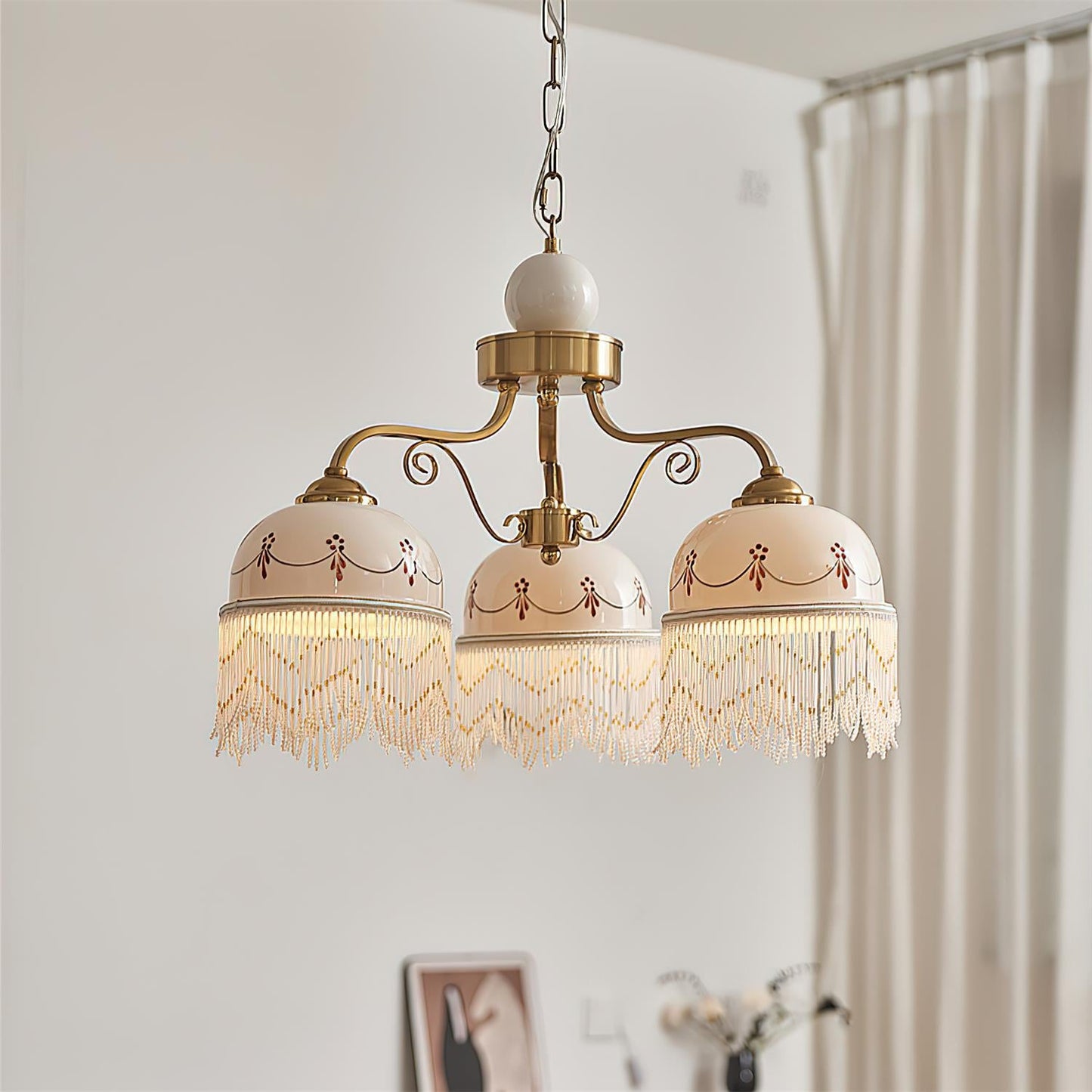 Colette Vintage Chandelier, Beaded Glass Shades with Metal Frame