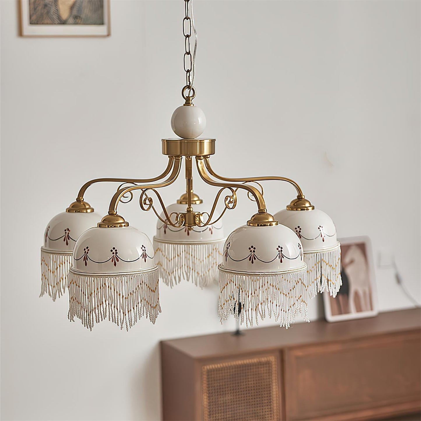 Colette Vintage Chandelier, Beaded Glass Shades with Metal Frame