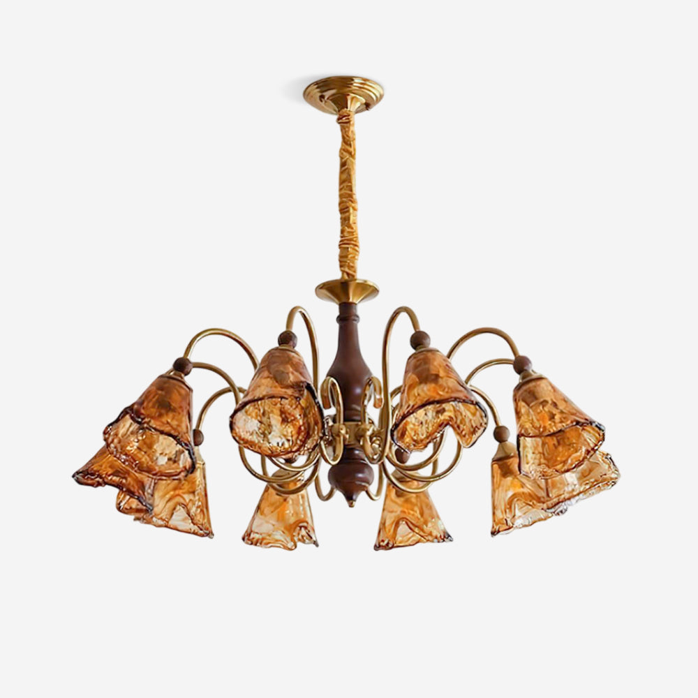 Lustre Aurélie Petal, abat-jour en verre ambré avec bras en laiton courbés