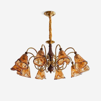 Lustre Aurélie Petal, abat-jour en verre ambré avec bras en laiton courbés