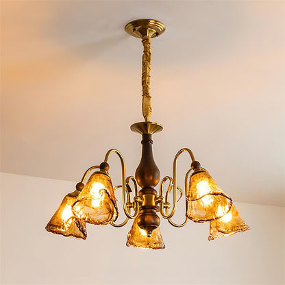 Lustre Aurélie Petal, abat-jour en verre ambré avec bras en laiton courbés