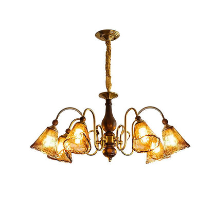 Lustre Aurélie Petal, abat-jour en verre ambré avec bras en laiton courbés