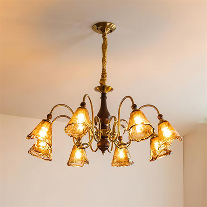 Lustre Aurélie Petal, abat-jour en verre ambré avec bras en laiton courbés