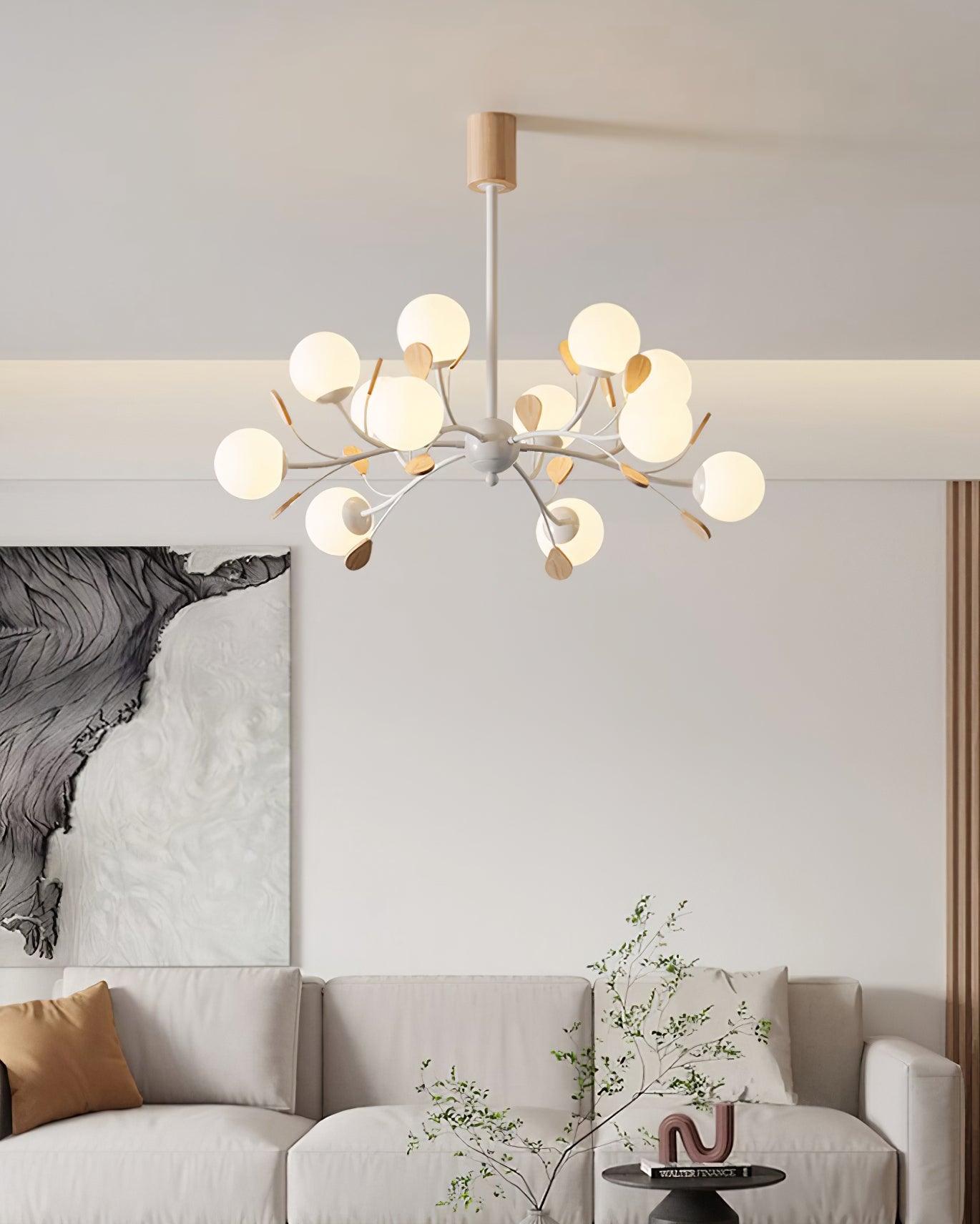 Lustre Anaïs Wood, Abat-jours en verre dépoli avec structure en métal