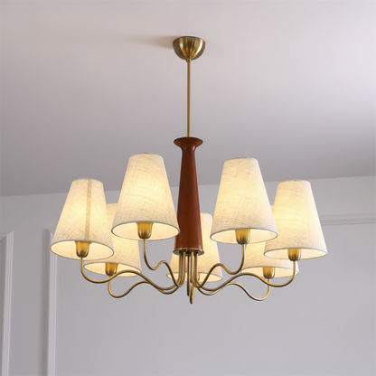 Eléonore Chandelier, Suspension avec Cadre en Métal, Abat-jours en Lin et Détail en Bois