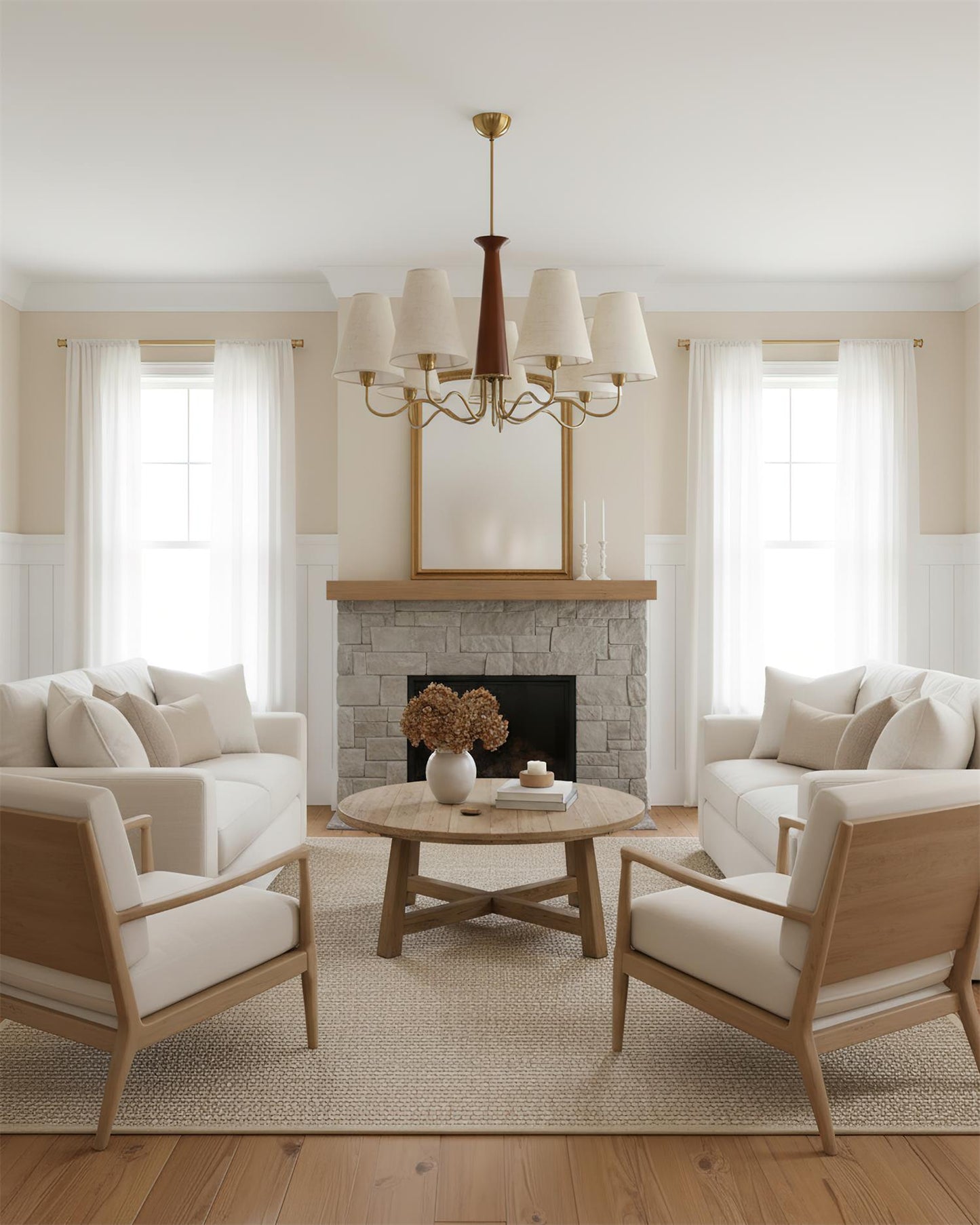 Eléonore Chandelier, Suspension avec Cadre en Métal, Abat-jours en Lin et Détail en Bois