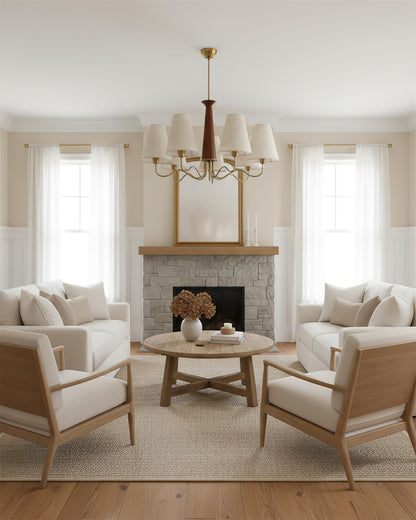 Eléonore Chandelier, Suspension avec Cadre en Métal, Abat-jours en Lin et Détail en Bois