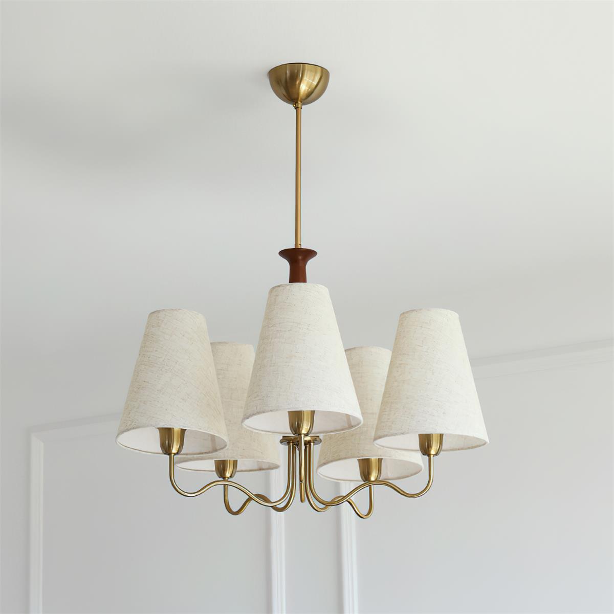Eléonore Chandelier, Suspension avec Cadre en Métal, Abat-jours en Lin et Détail en Bois
