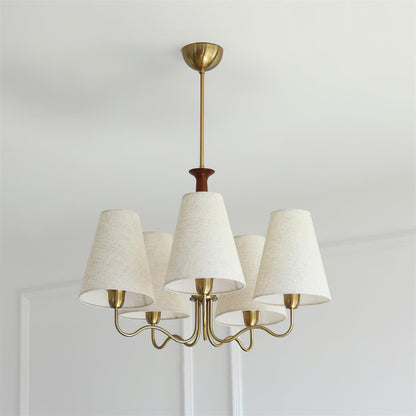 Eléonore Chandelier, Suspension avec Cadre en Métal, Abat-jours en Lin et Détail en Bois