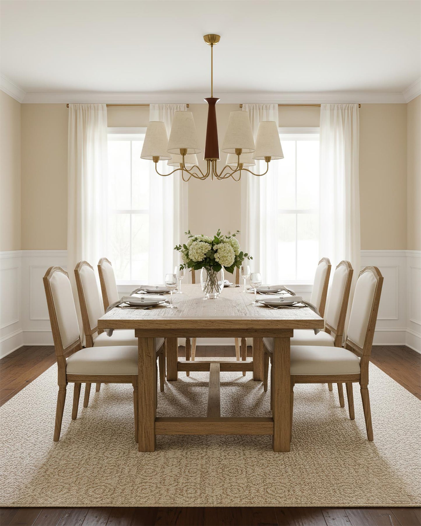 Eléonore Chandelier, Suspension avec Cadre en Métal, Abat-jours en Lin et Détail en Bois