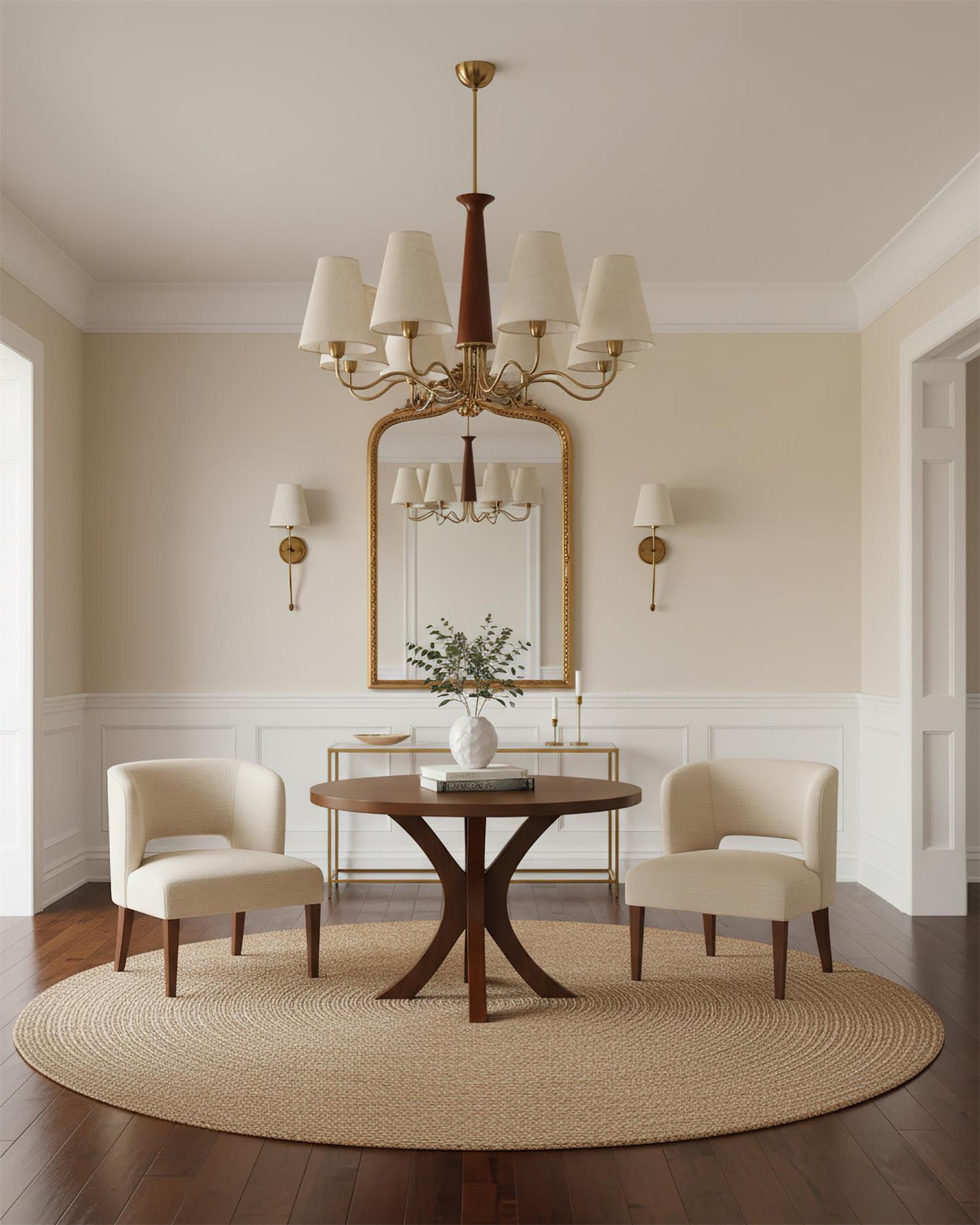 Eléonore Chandelier, Suspension avec Cadre en Métal, Abat-jours en Lin et Détail en Bois