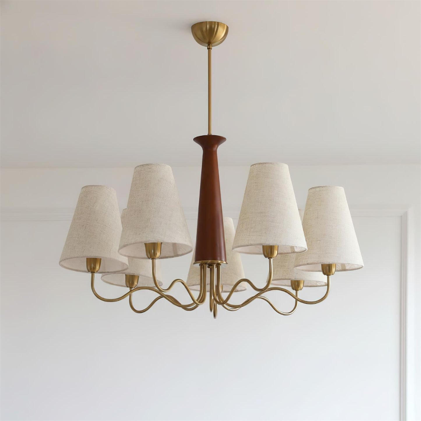 Eléonore Chandelier, Suspension avec Cadre en Métal, Abat-jours en Lin et Détail en Bois