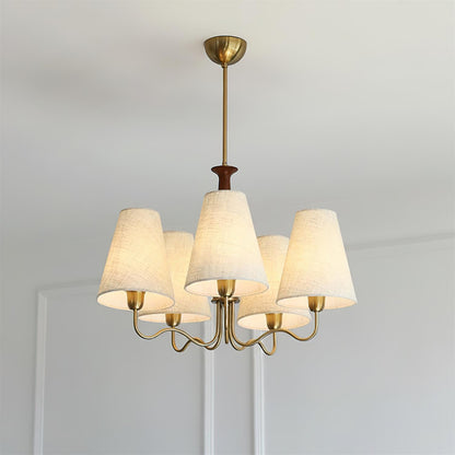 Eléonore Chandelier, Suspension avec Cadre en Métal, Abat-jours en Lin et Détail en Bois