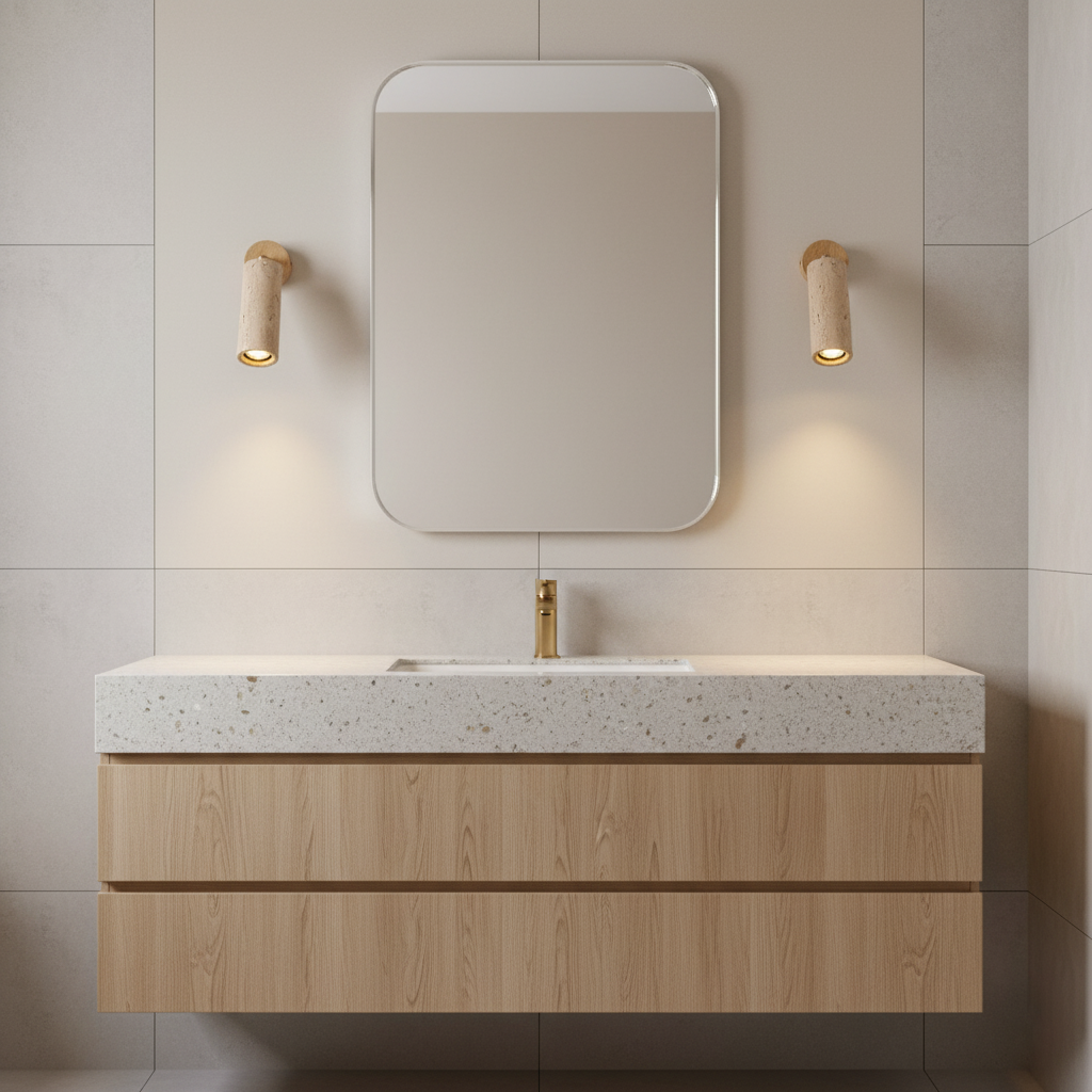 Applique murale Solène en travertin avec base en bois et bras métallique réglable