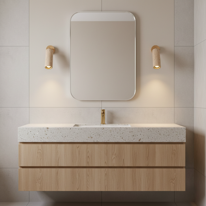 Applique murale Solène en travertin avec base en bois et bras métallique réglable