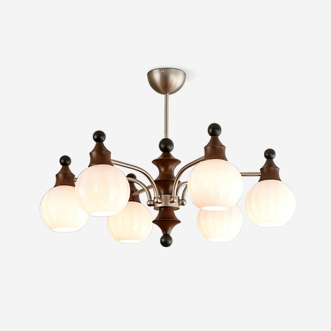 Lustre rond Juliette, globes en verre dépoli avec accents en bois poli