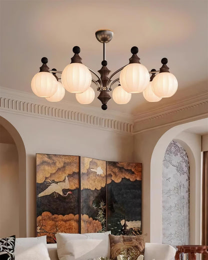 Lustre rond Juliette, globes en verre dépoli avec accents en bois poli