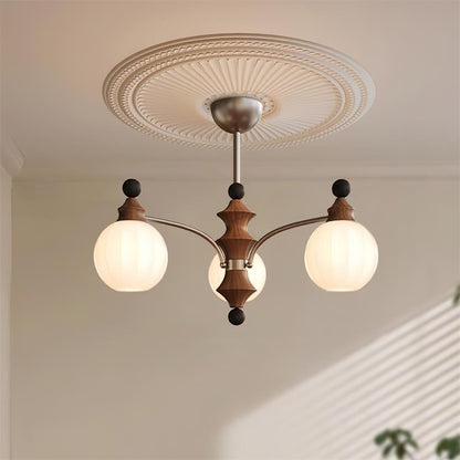 Lustre rond Juliette, globes en verre dépoli avec accents en bois poli