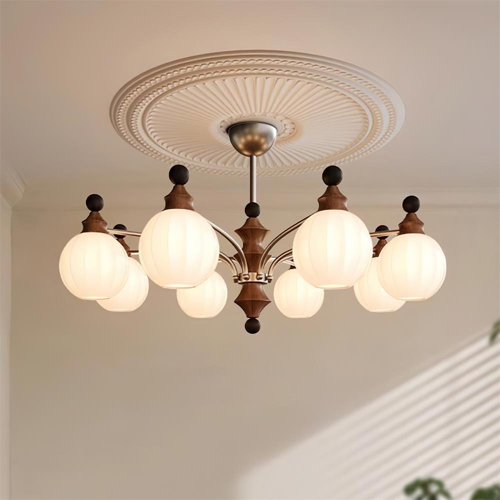 Lustre rond Juliette, globes en verre dépoli avec accents en bois poli