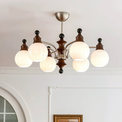 Lustre rond Juliette, globes en verre dépoli avec accents en bois poli