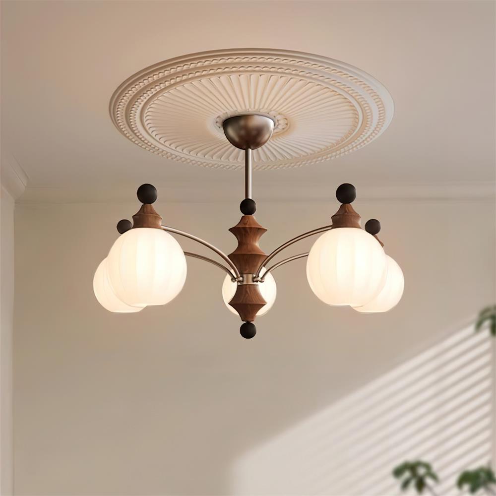 Lustre rond Juliette, globes en verre dépoli avec accents en bois poli