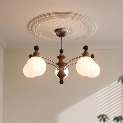 Lustre rond Juliette, globes en verre dépoli avec accents en bois poli